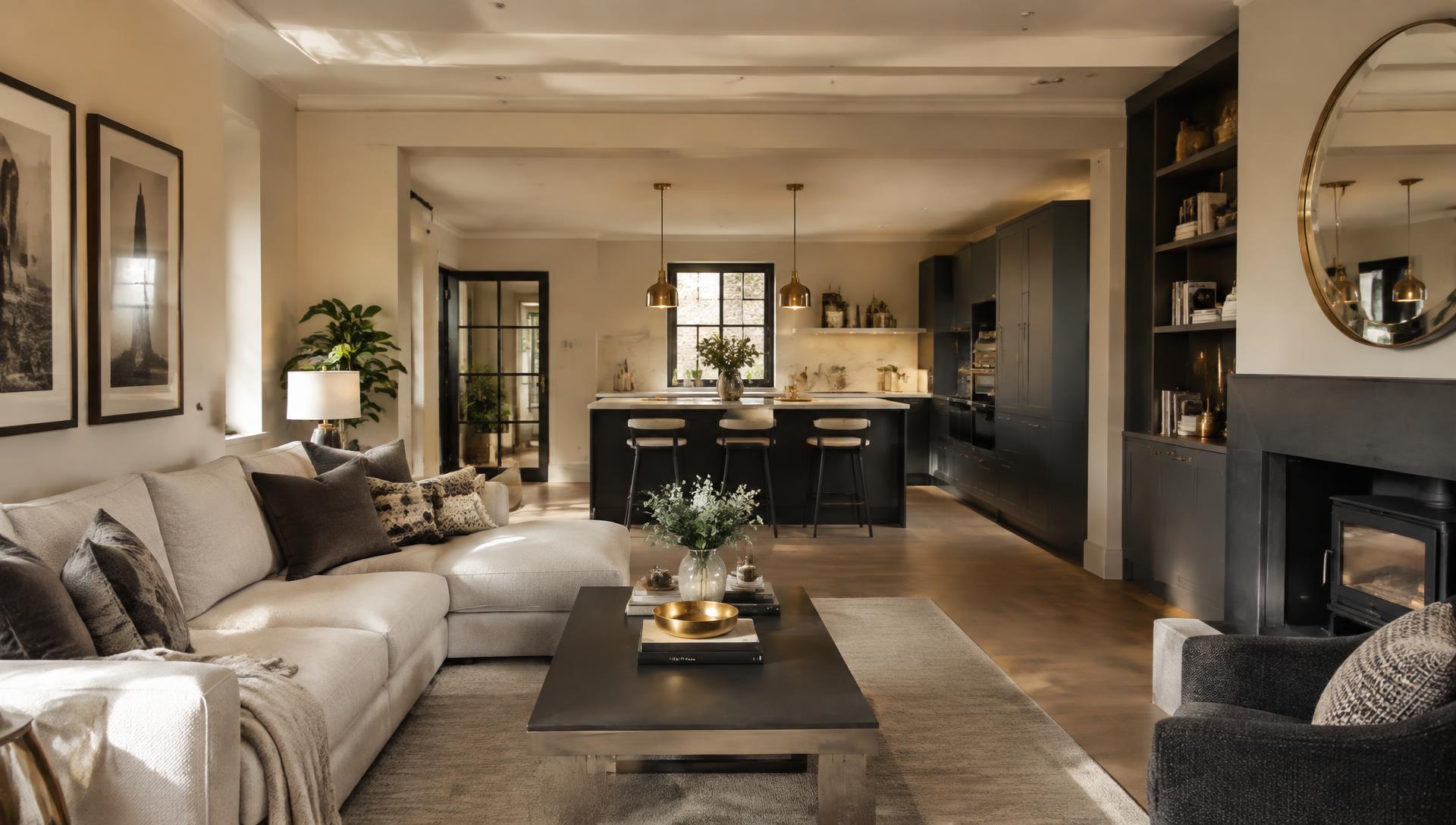 Renovated open-plan living room and kitchen in warm ivory and charcoal tones