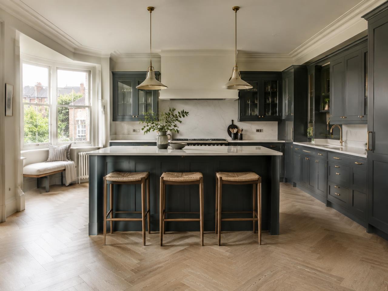 Renovated kitchen with charcoal shaker cabinets, island and herringbone floor