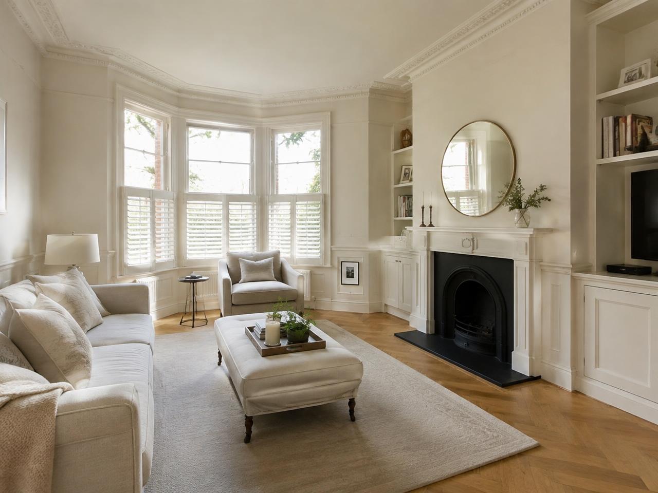 Refurbished period living room with ivory walls, fireplace and oak floor